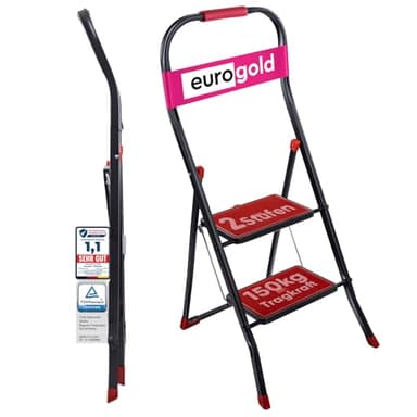 EUROGOLD® Trittleiter 2 Stufen [TÜV Zertifiziert bis 150 kg ] Tragkraft- klappbarer Tritthocker, rutschfeste Pedale & Sicherheitsbügel, Klapptritt für Innen- & Außenbereich