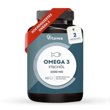 Omega 3 Wildfischöl 2000mg - 1000mg EPA, 500mg DHA, 60 Omega 3 Kapseln hochdosiert - Herz- & Gehirnfunktion, Sehkraft - 2 Monate - Vitavea