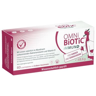 OMNi BiOTiC iMMUND | 60 Lutschtabletten | 1 Bakterienstamm | 1 Mrd. Keime pro Lutschtablette | Mit Vitamin D | Vegetarisch | Zuckerfrei | Zur täglichen Anwendung | Für Erwachsene und Kinder