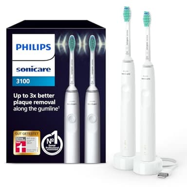 Philips Sonicare 3100 elektrische Zahnbürste, Schallzahnbürste, Andruckkontrolle und Timer, Weiß, Zweierpack, Modell HX3675/13