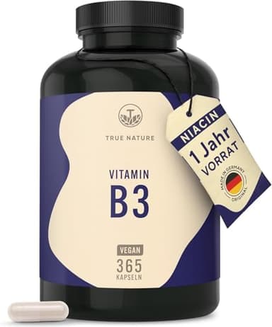 Vitamin B3 Niacin - Hochdosiert: 500mg Nicotinamid - 365 Kapseln - 1 Jahr Vorrat - Flushfree - unterstützt Energiestoffwechsel, Haut und Nerven* - Vegan & Deutsche Produktion - TRUE NATURE