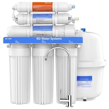 RO-150 6-stufiges Umkehrosmose System mit Alkaline pH+ Filter | 150 GPD hoher Durchfluss | Bleifreier Wasserhahn & lebensmittelgeeignete Materialien | Für Küche, Haushalt & reines Trinkwasser