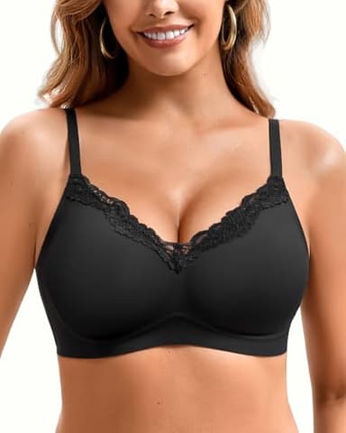 SHARICCA BH Damen ohne Bügel - Spitze V Ausschnitt Push up Bra Bequemer Nahtloser Bügelloser BHS mit weicher Starker Halt(Black-1P01-L)