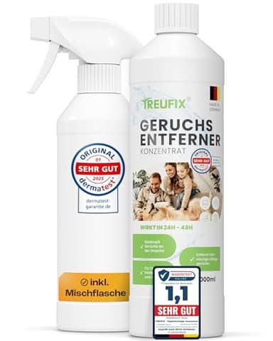 Treufix Geruchsentferner Konzentrat 1L | STARKER ENZYMREINIGER gegen Katzenurin, Hundeurin, Schweiß & Alltagsgerüche | Inkl. 500ml Mischflasche | Sicher für Mensch & Tier | Made in DE