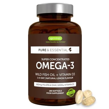 Igennus Advanced Omega-3 Fischöl mit D3 1000 IE, 1-mal täglich, 180 Portionen, IFOS-zertifiziert, EPA- & DHA-Fettsäuren, rTG-Triglycerid-Form, schnell wirksam, ultrarein, natürlicher Zitronengeschmack