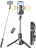Selfie Stick Stativ mit 2 Fülllicht, 114cm Verbessertem Stabil Handy Stative mit Abnehmbarer Fernbedienung, Stativ für Smartphone Kompatibel mit iPhone Samsung & Android Smartphones