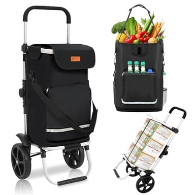 Sekey Faltbarer Einkaufstrolley – Kompakter, Leichter Einkaufswagen mit Höhenverstellbarem Griff, Aluminium 3-in-1 Trolley, Inklusive Kühlfach & Getränkefach, Ideal für Camping & Einkäufe, Schwarz