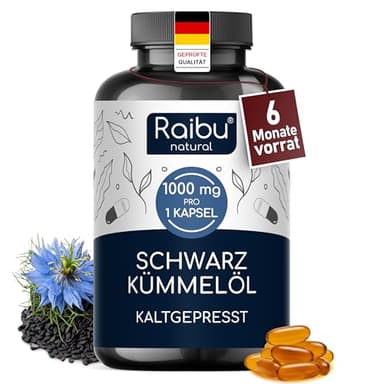 Schwarzkümmelöl Kapseln - 1000 mg pro Tag (1× täglich) - 6-Monats-Vorrat - kaltgepresst aus Nigella sativa - hoher Thymochinongehalt und Linolsäure, ergänzt mit Vitamin E - 180 Softgels