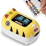 Pulox PO-230 in Gelb, Pulsoximeter für Kinder, mit Klebemuster, Messung von Sauerstoffsättigung und Herzfrequenz