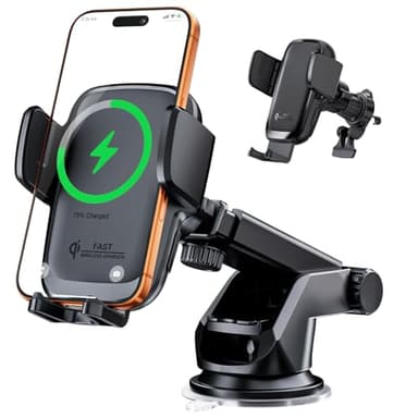 KPON 15W Qi Handyhalterung Auto mit Ladefunktion, Induktive Ladestation Auto mit Sauger & Clip, Automatische Klemmung Kfz Wireless Charger für iPhone 17/16/15/14/13, Samsung (Ohne Zigarettenanzünder)