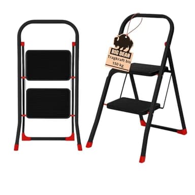 BigDean Trittleiter 2 Stufen klappbar Schwarz/Rot TÜV geprüfte Sicherheit Leiter bis 150 kg belastbar Tritt klappbar Haushaltsleiter 2 Stufen