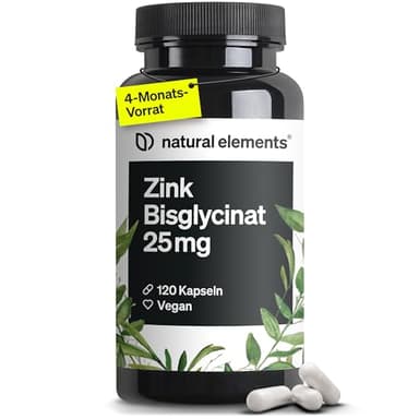 natural elements Zink Kapseln - 120 Stück - 25mg pro Kapsel - gut verträgliches Zinkbisglycinat (Zink-Chelat) – Alternative zu Tabletten - vegan, hochdosiert, ohne unnötige Zusätze