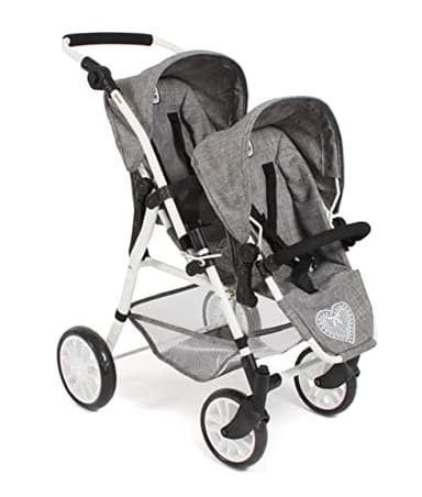 Bayer Chic 2000-Puppenwagen Twinny, Zwillingspuppenwagen für Zwei Puppen, Zwillingsbuggy für Kinder von 4 bis 8 Jahren, Jeans grau, 691-76, 63 x 43 x 77 cm