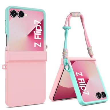 DOMAVER Hülle für Samsung Galaxy Z Flip 7 Hülle mit Handykette, Scharnierschutz, Handyhülle Samsung Z flip 7 Case, Matte Harte PC Cover, Rundumschutz Schutzhülle für Frauen Mädchen, Rosa Grün