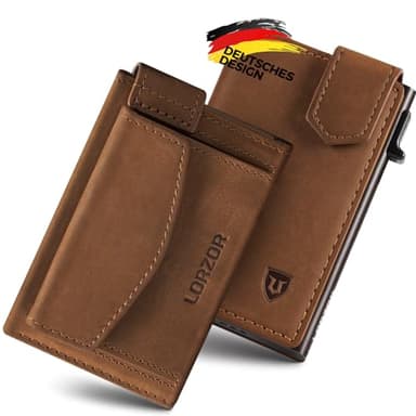 LORZOR Kartenetui mit XXL münzfach für 10+ Münzen, Slim Wallet mit Magnetischer Verschluss, Geldbörse Herren RFID Schutz, Portemonnaie Klein, Portmonee, Geldbeutel Brieftasche für 10 Karten （Braun）