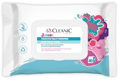 Cleanic Junior Feuchtes Toilettenpapier – (1x40 Stück) Feuchtes Toilettenpapier für Kinder – Kaugummiduft, Aloe Vera, Panthenol, spülbar – 40 Stück