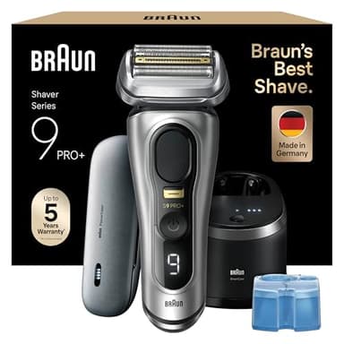 Braun Series 9 Pro+ Rasierer Herren, Elektrorasierer mit 5 Pro Rasierelementen, Langhaarschneider & Reinigungsstation, Rasierer-Ladeetui PowerCase, 60 Min Laufzeit, Made in Germany, 9577cc, Silber