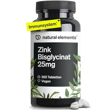 natural elements Zink 25mg – 365 Tabletten – gut verträgliches Zinkbisglycinat (Zink-Chelat) – vegan, hochdosiert, ohne unnötige Zusätze – in Deutschland produziert & laborgeprüft