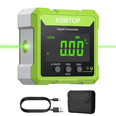 XUNTOP Digitaler Winkelmesser Neigungsmesser Grün Laser Wasserwaage mit LCD Display, Type-C Schnittstelle IP54 Wasserdicht Magnetisch Nivellierbox Level Box für Holzarbeiten, Bau, Dekoration, DIY