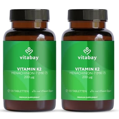 Vitabay Vitamin K2 Hochdosiert 200 µg (mcg) - 240 Vitamin K2 Tabletten Vegan & Laborgeprüft - MK-7 (Menachinon-7) aus natürlichen Zutaten in All-Trans Form - Hohe Bioverfügbarkeit