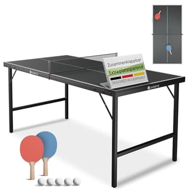 Juskys Mini Tischtennisplatte Flexi mit Zubehör - Tisch klein & klappbar - Indoor Spiel für Zuhause & unterwegs - Tischtennis Set - Tischtennistisch Schwarz