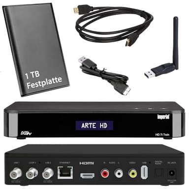 HD Twin SAT Receiver - Imperial i7 mit 1 TB Festplatte und W-LAN Stick (PVR, USB, LAN, W-LAN, HDMI) Full HDTV, Internetradio, Mediacenter, SAT IP Server, Bluetooth 5.1, netshop 25 Set