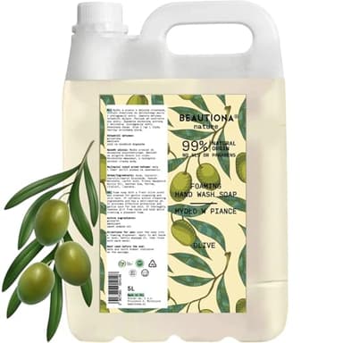 Beautiona Seife 5L: Schaumseife mit Glycerin & Mandelöl, feuchtigkeitsspendend, für Hände & Körper, pH-neutral, 3x effektiver (5 L, Olive)