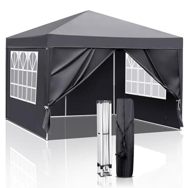 Bonnlo Pop-up Pavillon, Faltpavillon 3x3m, Höhenverstellbar, Wasserdicht Partyzelt mit 4 Seitenteilen, Gartenpavillon für Outdoor Hochzeit Garten Camping Party, Grau
