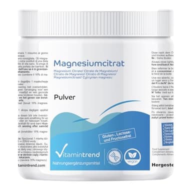 Vitamintrend Magnesiumcitrat Pulver 1kg, ideal für Sportler, hochdosiert, Nahrungsergänzungsmittel vegan ohne Magnesiumstearat, in Deutschland hergestellt