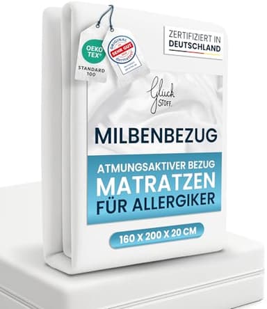 Glückstoff® Premium Milbenbezug Matratze 160x200x20 [ZERTIFIZIERT IN DEUTSCHLAND] Allergiker Bettwäsche Set Anti Milbe - Allergiker Matratzenbezug - Encasing Bettwäsche Anti Milben - Milbenschutzbezug