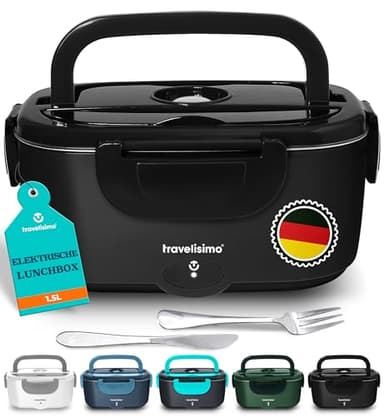 TRAVELISIMO Elektrische Lunchbox 80W Beheizbare Lunchbox, 1,5L Heat Box 3-in-1 Electric Lunch Box, Wärmebox Essen 12V/24V/220V, für Arbeit Auto Lkw Lunchbox Elektrisch und Beheizbare Brotdose