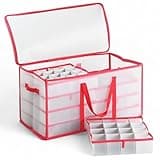 MIJOMA Aufbewahrungsbox Sortierbox Weihnachtstasche für Christbaumkugeln und Weihnachtsschmuck, zusammenklappbar, transparent (Rot, 33,5 x 34 x 64,5 cm für 128 Teile mit Einsätzen)