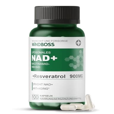 Windboss NAD+ Liposomal NR 900mg, Ergänzung mit Nicotinamid-Ribosid, Quercetin Phytosome, Resveratrol, Supplements Hoch bioverfügbar für Energie, Haut & Vitalität, NAD Booster 100 Kapseln