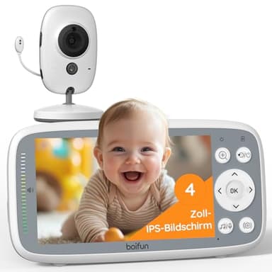 BOIFUN Babyphone mit Kamera, 4 Zoll 720P Monitor, Ohne WLAN, Nachtsicht, 11 Stunden Akkulaufzeit, Energiesparmodus, 2 Wege Audio, Schallerkennung, Temperaturerkennung, 3X Zoom, Schlaflieder