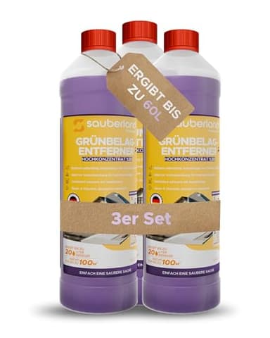 sauberland® Grünbelagentferner 3L [Konzentrat für 60L] – Selbsttätige Entfernung von Grünspan, Moos, Algen & Flechten uvm. | Steinreiniger für Terrassen, Steine, Fassaden, Dächer | Chlor- & Säurefrei
