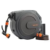Giraffe Tools Wandmontierte Schlauchbox 30m + 2m, Automatischer Gartenschlauch - Aufroller 180° Schwenkbar mit 7 Musterdüsen und Anschlussschlauch