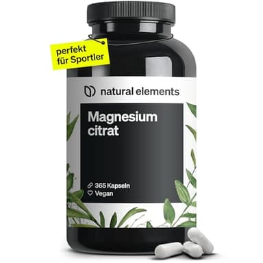 natural elements Premium Magnesiumcitrat – 365 Kapseln – Hochdosiert: 2320mg (davon 360mg elementares Magnesium) pro Tagesdosis – Ohne Zusätze – vegan, laborgeprüft und in Deutschland produziert