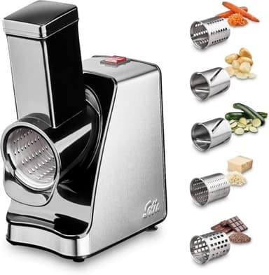 Solis Slice & More Elektrischer Zerkleinerer, Elektrischer Gemüseschneider mit 5 Schneidwalzen, Allesschneider, Gemüsehobel & Multizerkleinerer, BPA-frei, 350 Watt, Edelstahl/Kunststoff