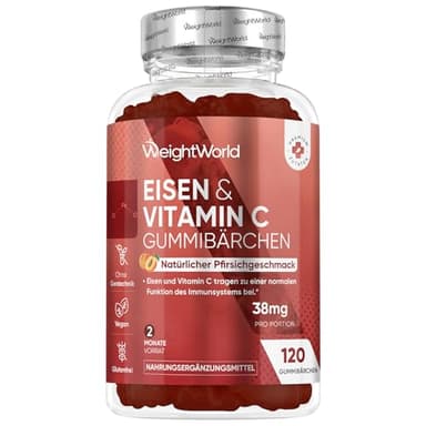 Eisen & Vitamin C Gummibärchen - 2 Monate Vorrat - Nur 2 Gummies pro Tag - 120 Gummies - 28mg Iron & 10mg Vit C - Eisen & Vitamin C tragen zu einem normalen Energiestoffwechsel bei(EFSA) - WeightWorld
