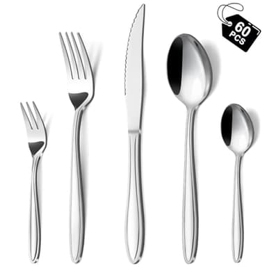 Hunnycook Besteck Set 12 Personen, 60-teiliges Edelstahl Essbesteck mit Liniengriff, Elegantes Besteckset mit Messer Gabel Löffel für Haus/Restaurant/Party, Spülmaschinenfest