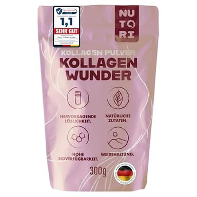 NUTORI - Kollagen Pulver 300 g - Typ I & III - optimale Bioverfügbarkeit und Löslichkeit - Weidehaltung - Collagen Pulver Hydrolysat Peptide - Produziert & laborgeprüft in Deutschland