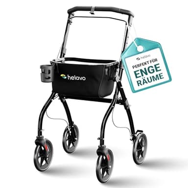 Helavo schmaler Wohnungsrollator - 60 cm breiter Rollator für Wohnung - Indoor-Rollator mit Tablett und Transportkorb