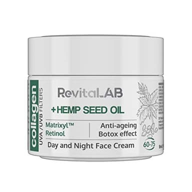 RevitaLAB Anti-Ageing Tages- und Nachts-Feuchtigkeitscreme mit Kollagen, angereichert mit Hyaluronsäure, Matrixyl® 3000, Hanfsamenöl und einem UVA-/UVB-Filter, für Alter zwischen 60 und 75, 50 ml