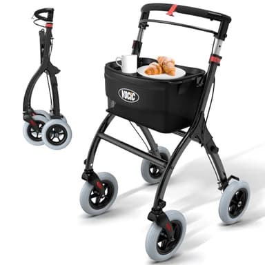 VOCIC Z32 Rollator Schmal für Wohnung,Indoor Rollator Faltbar und Leicht,Stabiler Wohnungsrollator mit Spuer Leiser Anti-Rutsch Reifen,Rollatoren für Senioren Klappbar Tablett,Schwarz|5 Jahre Support