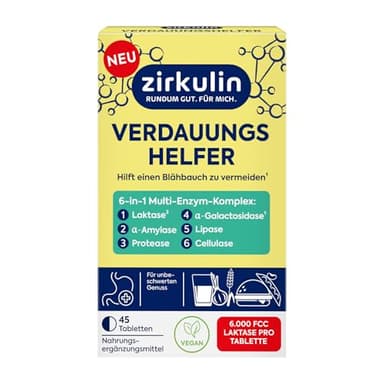 Zirkulin Verdauungshelfer 6-in-1 (45 Tabletten)– Nahrungsergänzung mit 6 Enzymen & Calcium für die Verdauung - mit Laktase, Amylase, Protease, Lipase & Cellulase – vegan - made in Germany