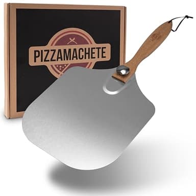PIZZAMACHETE Pizza-Schieber Edelstahl, Pizzaheber rechteckig 35,5 x 30,5 cm, Pizzaschaufel Holz-Schaft, Pizzawender mit abnehmbarem Griff, Pizza-Zubehör