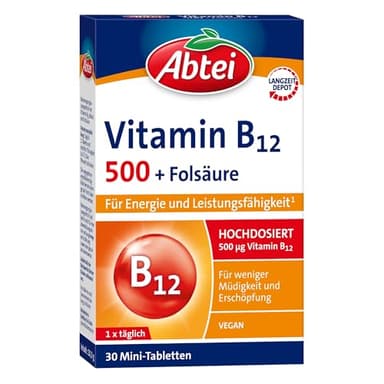 Abtei Vitamin B12 plus Folsäure - für Energie und Leistungsfähigkeit - hochdosiert mit 500µg Vitamin B12 und 200µg Folsäure, 1 x 30 Tabletten