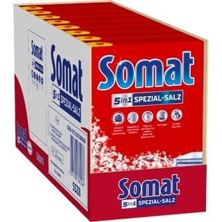 SOMAT Spezial-Salz (8x1,2 kg), Spülmaschinensalz für eine stärkere Geschirrspülleistung, Wasserenthärter für die Spülmaschine wirkt gegen Kalk für glänzende Ergebnisse und eine längere Lebensdauer