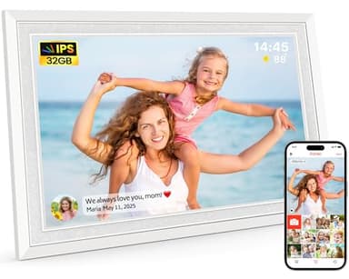 Frameo WLAN Digitaler Bilderrahmen 10,1 Zoll, HD 1280 * 800 IPS Touchscreen Elektronischer FotoRahmen mit 32GB Speicher, Auto Drehung, Einfache Weitergabe von Fotos Videos über Frameo App