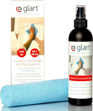 Glart 45KR Küchenfrontenreiniger Set – 250 ml alkoholfreies Reinigungsspray + 40×40cm Mikrofasertuch, für Hochglanzfronten, Lack, Kunststoff, Möbel, streifenfrei sauber – fusselfrei – Made in Germany
